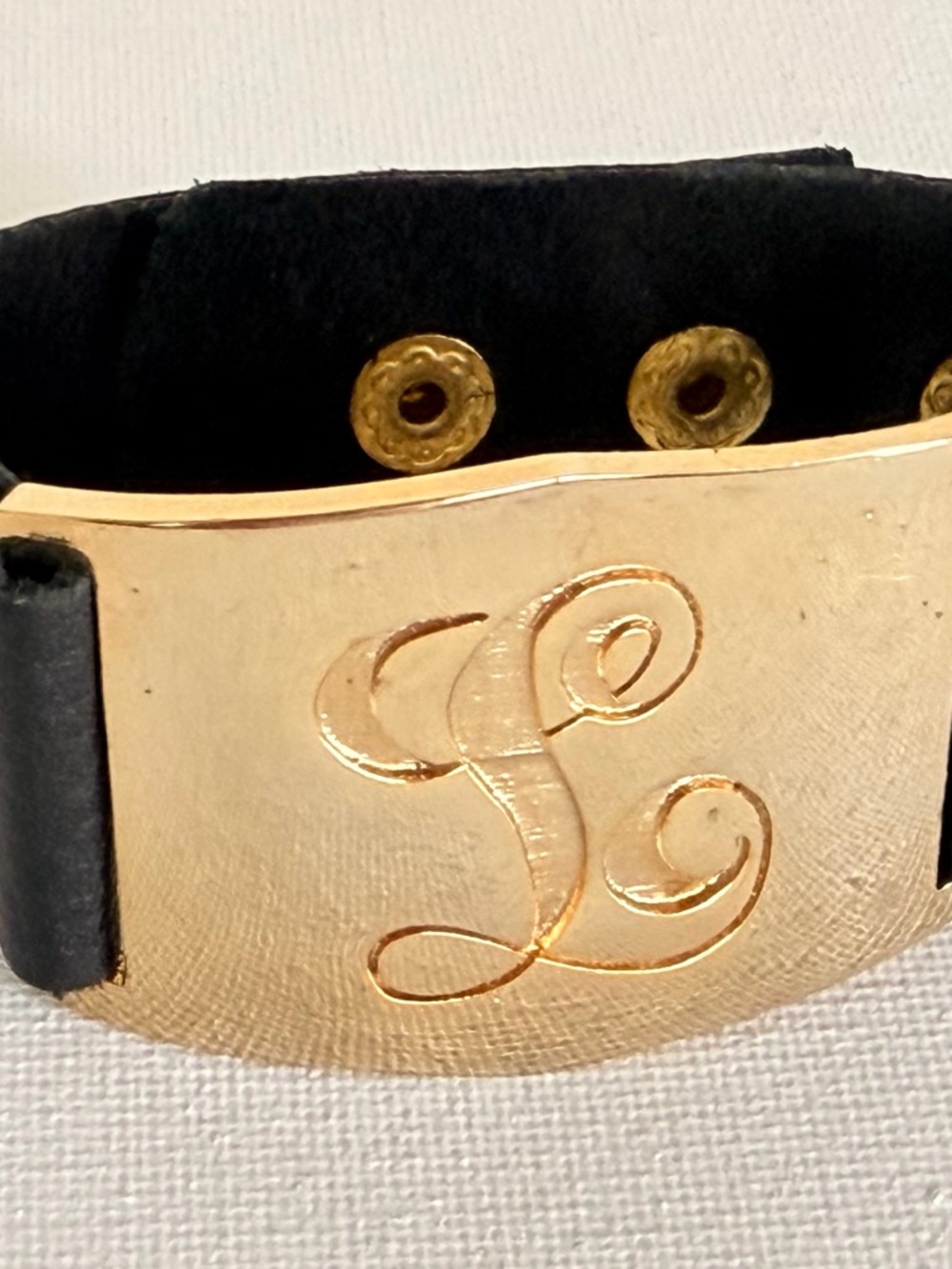 Gold-Tone Monogram Lisa Stewart Leather Cuff Bracelet - Black